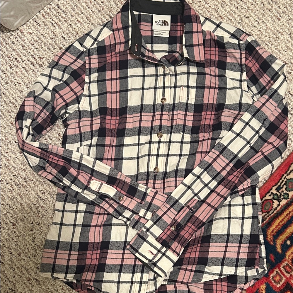 North face plaid flannel shirt small pink navy